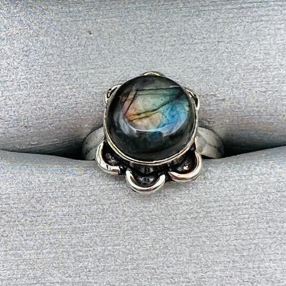 Jewelry - Blue Stone Silver Tone Ring Cabochon Gemstone Size 6 Artisan Statement